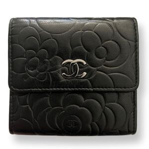 Chanel Black Lambskin Camellia Embossed Short Trifold Wallet